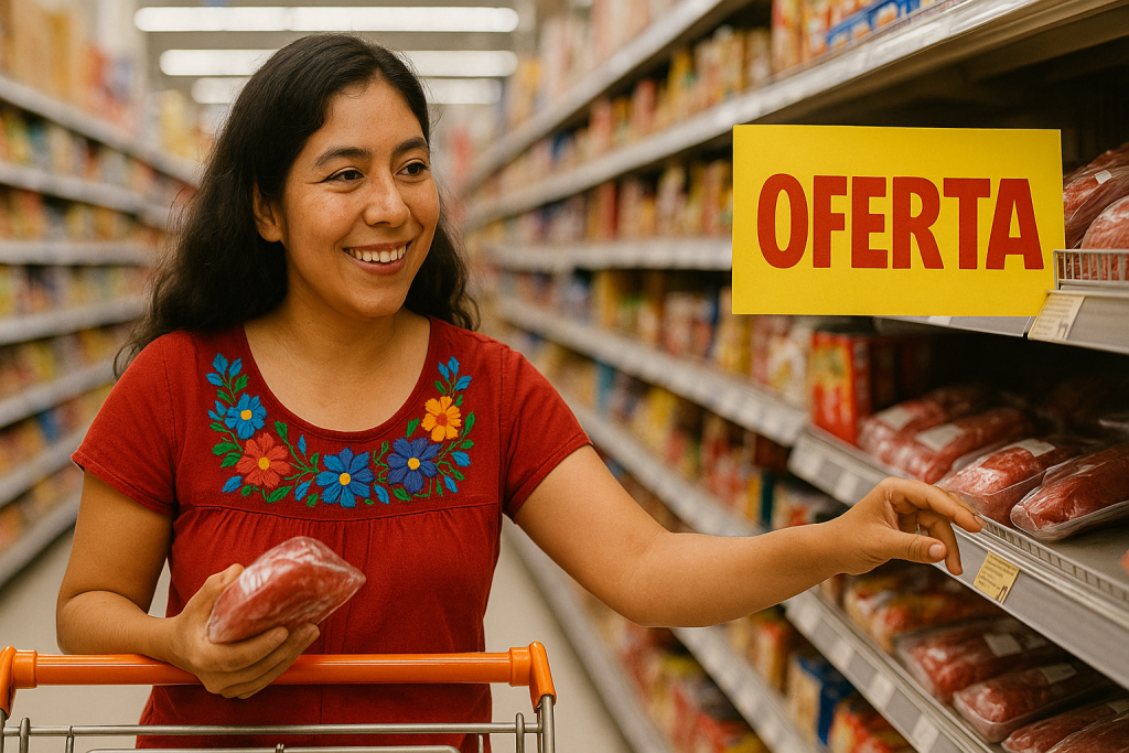 Mujer comprando en el supermercado una oferta